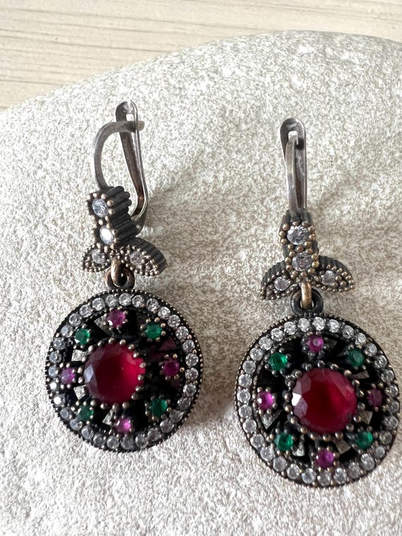 Ruby Emerald  Topaz Dangle Earrings | Sterling Si… - image 3