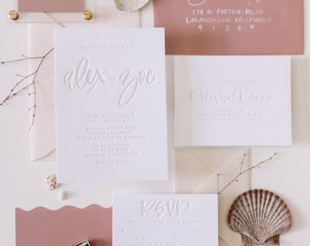 Custom Hand Lettering Letterpress Tonal Wedding Invitation Suite • Los Olivos Suite Sample Pack