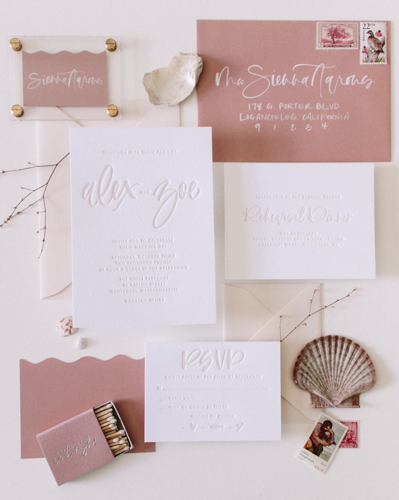 Custom Hand Lettering Letterpress Tonal Wedding Invitation Suite Los Olivos Suite Sample Pack image 1