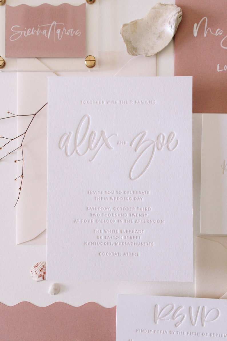 Custom Hand Lettering Letterpress Tonal Wedding Invitation Suite Los Olivos Suite Sample Pack image 6