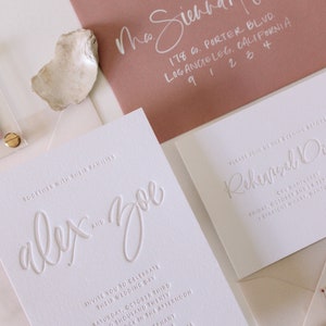 Custom Hand Lettering Letterpress Tonal Wedding Invitation Suite Los Olivos Suite Sample Pack image 8