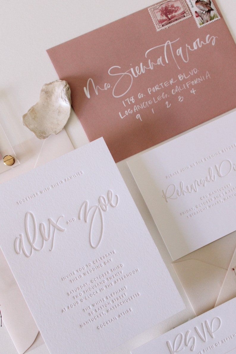 Custom Hand Lettering Letterpress Tonal Wedding Invitation Suite Los Olivos Suite Sample Pack image 8