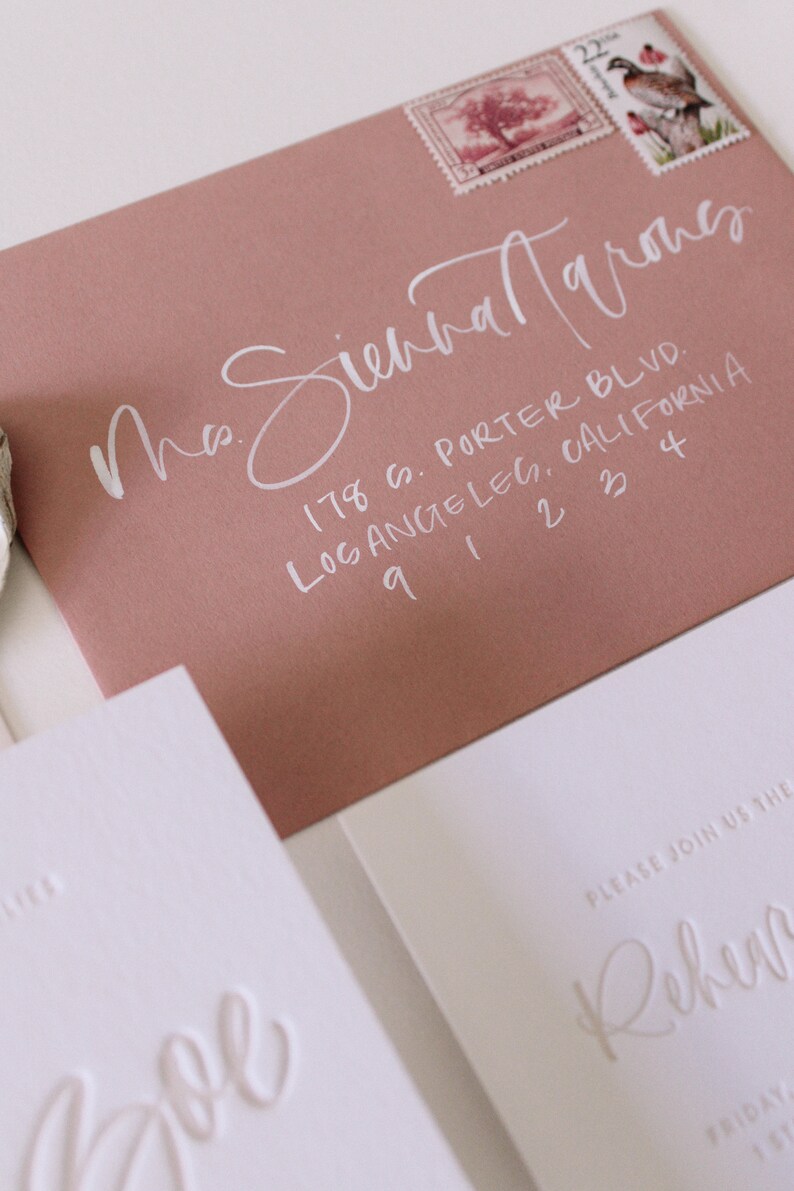 Custom Hand Lettering Letterpress Tonal Wedding Invitation Suite Los Olivos Suite Sample Pack image 3