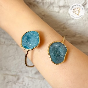 Aqua Blue Agate Cuff Bracelet: Gold-Plated Brass Adjustable Statement Jewelry