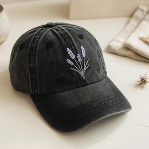 Embroidered Lavender Flower Embroidered Baseball Cap, Washed Cotton Curve Brim Summer Hat