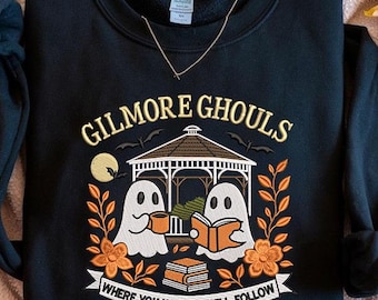 Gilmore Ghouls Embroidered Sweatshirt | Cozy Halloween Ghost Coffee & Book Lover Shirt | Fall Spooky Season Pullover