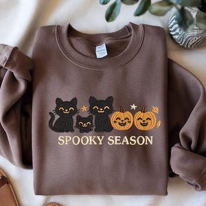 Embroidered Halloween Black Cat Sweatshirt, Pumpkin Fall Sweater, Halloween Crewneck, Cute Autumn Spooky Season, Bat Tee Top, Cat Lover Gift