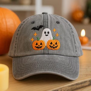 Halloween Embroidered Hat, Ghost Pumpkin Bat Baseball Cap, Spooky Dad Hat, Fall Aesthetic Vintage Cap, Custom Embroidery Hat, Unisex Gift