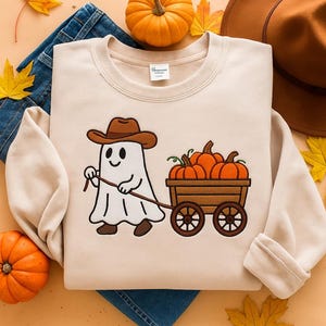 Cowboy Ghost Sweatshirt, Cute Fall Halloween Shirt, Embroidered Pumpkin Cart Pullover, Spooky Season Crewneck, Ghost Western Shirt
