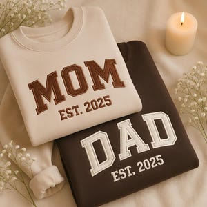 Embroidered Personalized Mom & Dad Sweatshirt With Names On Sleeve, Custom Embroidery Parents Hoodie, Matching New Mom and Dad Gifts