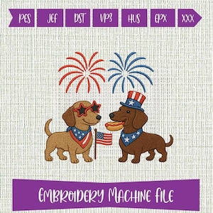 Desenho de bordado de Dachshunds patrióticos, filhote de cachorro do 4 de julho com bandeira dos EUA, arquivo de bordado de animal de estimação do Dia da Independência