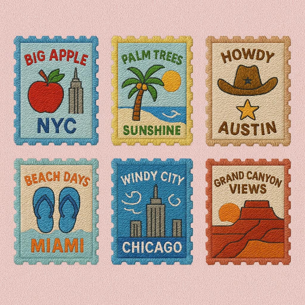 USA Travel Stamp Embroidery Design – 6 City Patch Bundle – Digital Download – Machine Embroidery File – Tourist Souvenir Motif Set