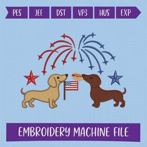 Desenho de bordado de Dachshunds patrióticos, filhote de cachorro do 4 de julho com bandeira dos EUA, arquivo de bordado de animal de estimação do Dia da Independência