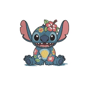 Hawaiian floral Stitch embroidery, cute Stitch with hibiscus design, tropical cartoon character, summer embroidery file, instant download