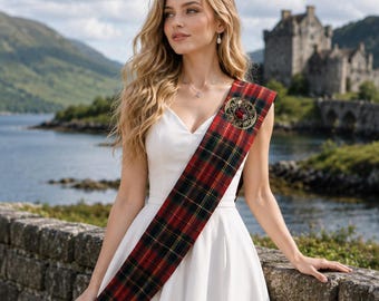 Schottische Tartan-Schärpe für Damen mit Brosche, Highland-Plaid-Hochzeitsschulterschärpe, erhältlich in über 50 Tartans