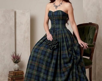 Conjunto de corsé y vestido largo de tartán escocés. Top bustier y falda larga a cuadros de las Tierras Altas. Vestido gótico tradicional. Disponible en más de 50 tartanes.