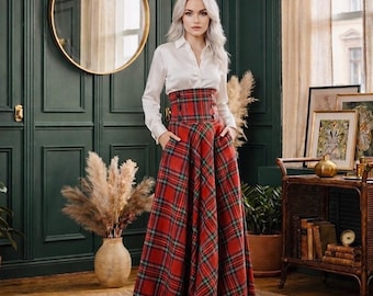 Damen-Tartan-Wanderrock mit hoher Taille Victorian Plaid Maxi Scottish Long Outlander Winterrock mit Taschen Angeboten in mehr als 50 Tartans
