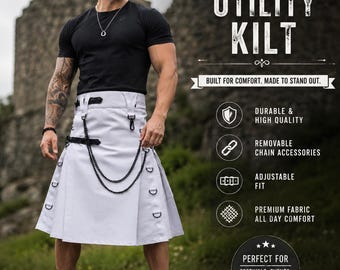 Weißer Kilt für Männer mit Kette, Gothic Cargo Style, verstellbare Festivalkleidung, individuelle Größe in verschiedenen Farben erhältlich