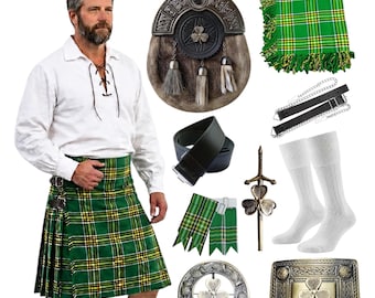 Traje tradicional irlandés de 10 piezas con kilt y estampado de trébol para hombre, estilo celta de las Tierras Altas. Disponible en más de 50 tartanes.
