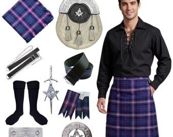 Herren Masonic Scottish Kilt Outfit Vintage 10-teilige Hochzeit Highland Dress Set Kilt Set Angeboten in 50+ Tartans