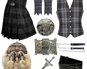 Skotsk tartankilt för män, traditionell 8-delad handgjord höglandsbröllopsoutfit, erbjuds i över 50 tartaner