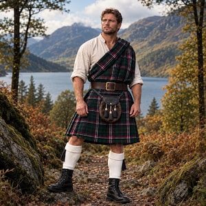 Peut inclure: Une tenue de kilt composée d'un kilt en tartan vert, noir et rouge avec un plaid assorti drapé sur l'épaule. L'ensemble comprend une chemise à manches longues couleur crème, une ceinture en cuir marron, un sporran en fourrure, des chaussettes blanches et des bottes noires.