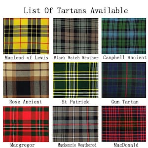 Puede incluir: Una cuadr&iacute;cula de nueve patrones de tart&aacute;n, cada uno con un dise&ntilde;o y esquema de color &uacute;nicos. Los tartanes incluyen Macleod of Lewis, Black Watch Weather, Campbell Ancient, Rose Ancient, St Patrick, Gun Tartan, Macgregor, Mackenzie Weathered y MacDonald.