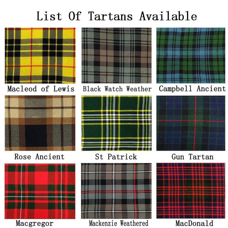 Puede incluir: Una cuadr&iacute;cula de nueve patrones de tart&aacute;n, cada uno con un dise&ntilde;o y esquema de color &uacute;nicos. Los tartanes incluyen Macleod of Lewis, Black Watch Weather, Campbell Ancient, Rose Ancient, St Patrick, Gun Tartan, Macgregor, Mackenzie Weathered y MacDonald.