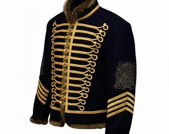 Herren Schwarz Und Goldic Husaren Jacke Traditionellen Kostüm Mantel Vintage Wolle Militäruniform Tunika Pelisse Jimmi Hendrix Jacke