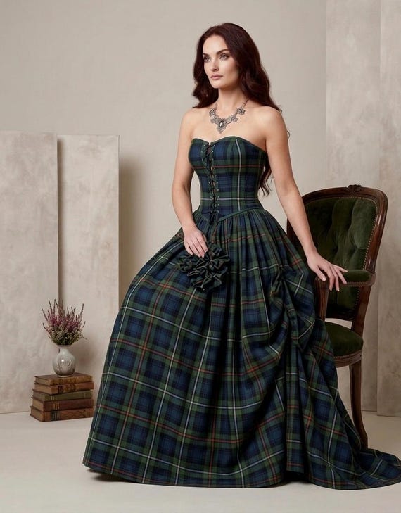 Scottish Tartan Corset and Maxi Dress Set Highland Plaid Bustier Top & Long Skirt Traditional Heritage Gothic Gown Offered in 50+ Tartans
