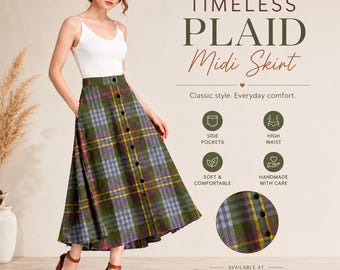 Schottischer Schottenkaro Midirock für Frauen Handgefertigter A-Linien-karierter Rock mit Taschen in über 50 Tartans angeboten