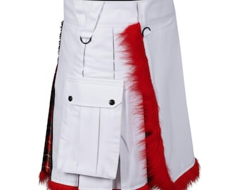 Schottische weiße Weihnachten Weihnachtsmann Hybrid Kilt mit rotem Pelz Traditionelle Unisex Festival Gothic Punk Kilts Angeboten in 50+ Tartans
