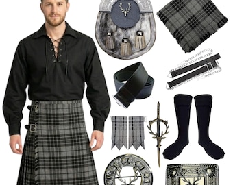 Herren Hirschkopf Outfit Scottish Highland 10-teilige Hochzeit Kilt Set Wird in mehr als 50 Tartans angeboten