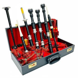 Puede incluir: Un juego de gaitas en un estuche negro con interior rojo. Las gaitas son negras con detalles plateados y tela escocesa roja y verde. El estuche es rectangular con asa y cierres dorados.