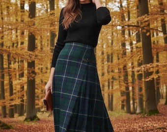 Vintage Karierte Wolle Maxi für Frauen Scottish Highland Hohe Taille Winter Langer Rock Elegante Herbst & Winter Mode