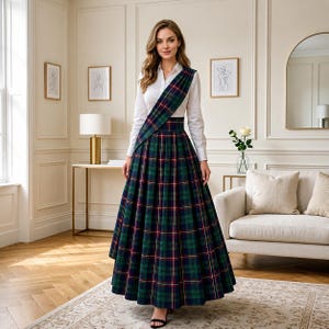 Women's Tartan Skirt and Matching Sash Scottish Plaid Hostess Dress Set Offered in 50+ Tartans