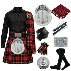 Peut inclure: Ensemble complet de kilt écossais comprenant une chemise noire, un kilt à carreaux rouges et noirs, une écharpe assortie, une sporran, une ceinture et des accessoires. L'ensemble comprend une boucle argentée, une broche et des chaussettes noires.