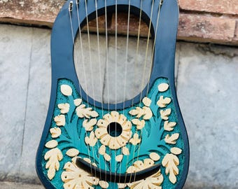 Handcrafted Black Lyre Harp Rosewood Green and Gold Flower Musical Instrument With Free Tuning Key, Bag & Strings