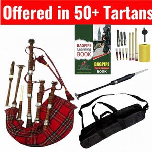 Kit de inicio completo para gaita escocesa de las Tierras Altas. Gaita profesional de palisandro con todos los accesorios. Disponible en más de 50 tartanes.