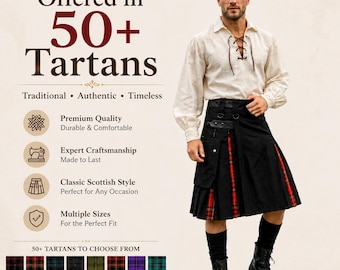 Herren Scottish Black Hybrid Kilt mit Tartan Pleats Traditionelle Baumwoll-Utility Kilts Angeboten in mehr als 50 Tartans