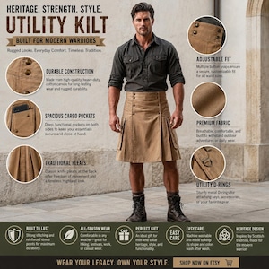 Könnte beinhalten: Ein beigefarbener Utility-Kilt mit Knopfverschluss, seitlichen Cargotaschen und traditionellen Kellerfalten. Das Kleidungsstück besteht aus strapazierfähigem Baumwoll-Canvas und verfügt über D-Ringe aus Metall. Der Text lautet: Heritage. Strength. Style. Utility Kilt. Built for modern warriors.