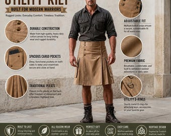 Herren Khaki Kilt Kilt | Moderne robuste taktische Frachttaschen Kilt | Perfektes Geschenk für Ihn | In verschiedenen Farben erhältlich
