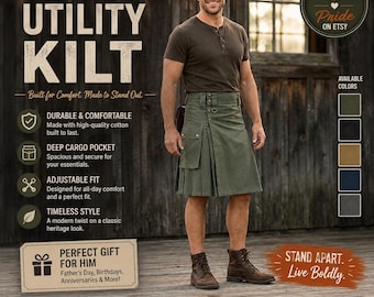 Men's Olive Green Utility Kilt | Modern Tactical Cargo Kilt | Perfect Gift for Him | Available in Different Colors