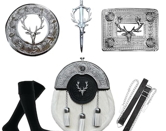 Ensemble d'accessoires pour kilt 6 pièces avec écusson tête de cerf, ceinture, boucle, épingle, broche et chaussettes Tenue traditionnelle des Highlands