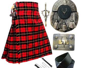 Conjunto tradicional escocés de 5 piezas para kilt: sporran con cabeza de ciervo hecho a mano, hebilla, cinturón de cuero y broche para kilt. Ideal para bodas y eventos. Disponible en más de 50 tartanes.