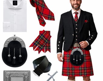 Schwarzes Argyle-Kilt-Outfit für Herren, Highland 11-teiliges Komplettpaket, schottische Hochzeitskleidung für Bräutigam, erhältlich in über 50 Tartans