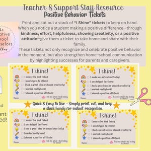 May include: A PDF download of "I Shine" positive behaviour tickets for teachers and support staff. The tickets are yellow with star and rainbow graphics, designed to recognise and celebrate positive student behaviour. Includes scissors graphic.
