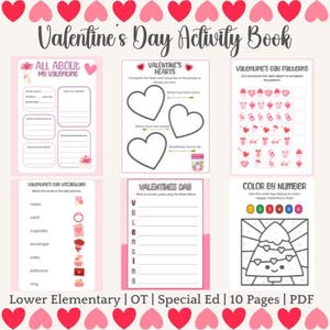 May include: A printable Valentine's Day activity book for lower elementary students. The book includes activities such as coloring, matching, and writing. The cover features a pink and red heart design with the text "Valentine's Day Activity Book".