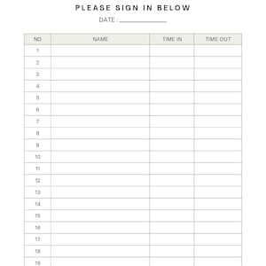 Może przedstawiać: Biała karta rejestracyjna z napisem "Refocus/ISS Sign In" na g&oacute;rze. Poniżej znajduje się napis "PLEASE SIGN IN BELOW" i "DATE:" z linią na datę. Karta ma tabelę z kolumnami dla "NO", "NAME", "TIME IN" i "TIME OUT".