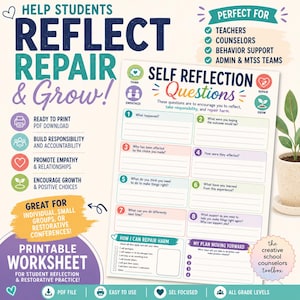May include: A printable worksheet for student reflection and restorative practice. The design features the words "Reflect, Repair & Grow!" in a colorful, playful font. The worksheet includes self-reflection questions and is designed for teachers, counselors, and behavior support teams.